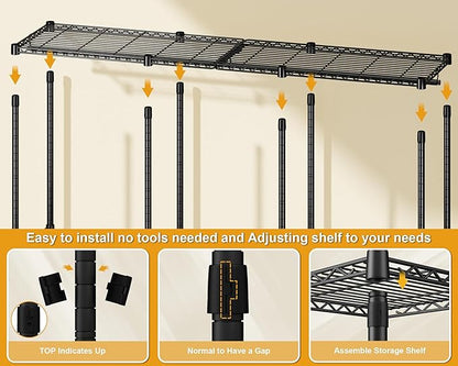 E14 Heavy Duty Clothes Rack，Freestanding Clothing Racks for Hanging Clothes，Adjustable Closet Organizers and Storage，Metal Garment Rack with Shelves 69" W x16 D x77 H，Max Load 960LBS，Black