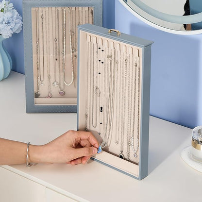 Lolalet Necklace Organizer Box, Jewelry Storage Box with Clear Window for Necklaces Bracelets, Tangle-Free Necklace Display Case for Women Girls, Dusty Blue, 2 Layers 20 Hooks