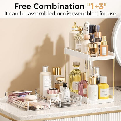 2 Tier Bathroom Counter Organizer, Removable Clear Tray Vanity Shelf for Makeup, Perfume, Skincare,Slide out Cosmetics Countertop Storage Rack for Bathroom Dresser，White