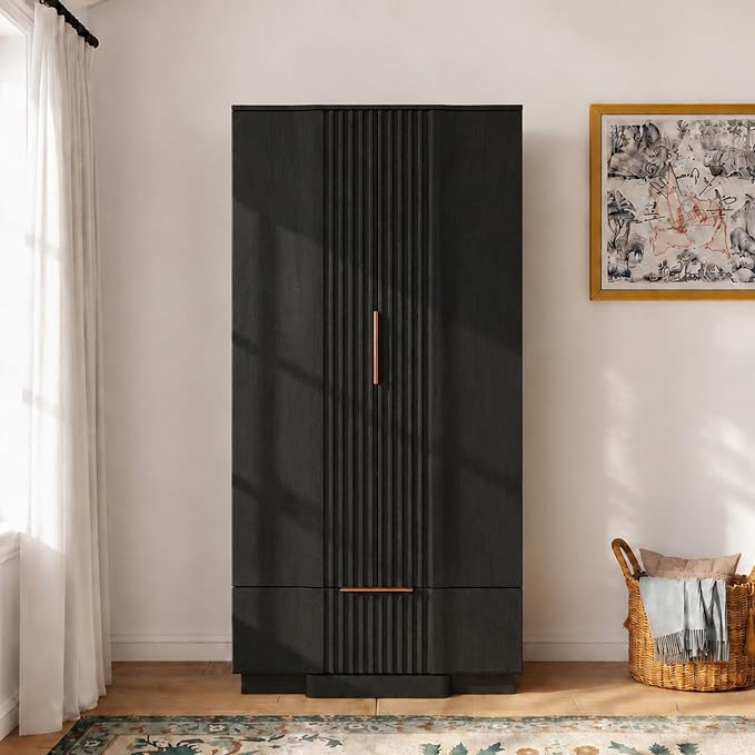 Yechen 67" Fluted Armoire Wardrobe Closet with Doors and Drawer, Wooden Wardrobe Closet Cabinet with Adjustable Shelve, Modern Small Armoires Storage Clothes, Coats for Bedroom, Black