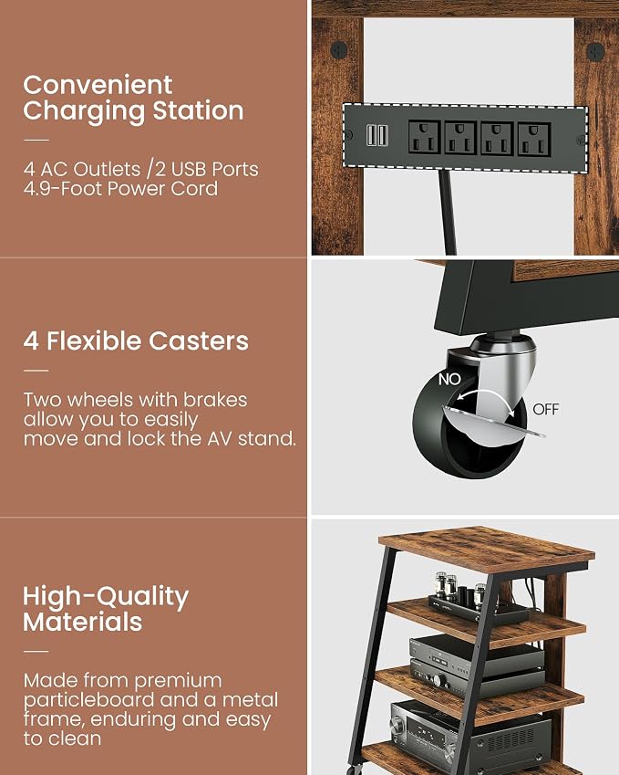 CHOEZON 4-Tier AV Media Stand with Wheels, Stereo Stands, Media Console Shelf with Power Strips, LED Lights, Wooden Audio Cabinet Rack Tower, Rustic Brown and Black TCJ60UDBF