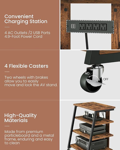 CHOEZON 4-Tier AV Media Stand with Wheels, Stereo Stands, Media Console Shelf with Power Strips, LED Lights, Wooden Audio Cabinet Rack Tower, Rustic Brown and Black TCJ60UDBF