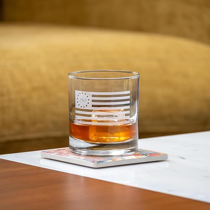 Rolf Glass America250™ Betsy Ross Flag On the Rocks Glass | 10oz Whiskey Glass | Made in America | Deep Engraved 13-Star Flag | Officially Licensed America250™ Product | Set of 2
