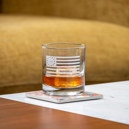 Rolf Glass America250™ Betsy Ross Flag On the Rocks Glass | 10oz Whiskey Glass | Made in America | Deep Engraved 13-Star Flag | Officially Licensed America250™ Product | Set of 2