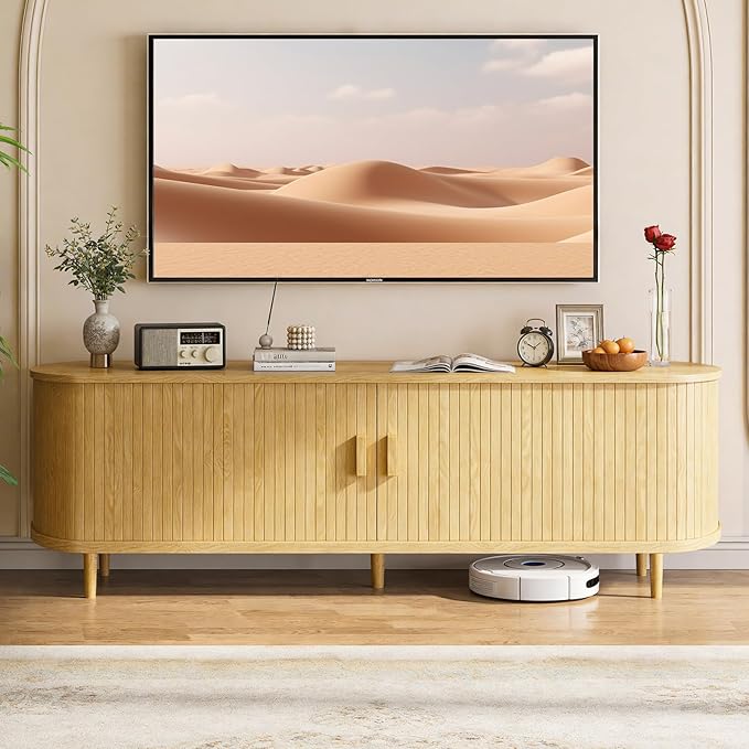 65" Mid Century Modern TV Stand with Power Outlet, Fluted Entertainment Center with Storage and Adjustable Shelves, Wood TV Console with Sliding Doors for Living Room, Oak