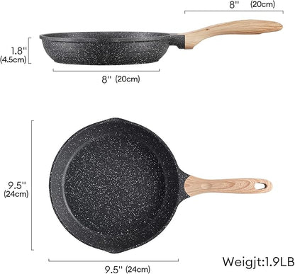 JEETEE 9.5 Inch Nonstick Frying Pan, Stone Coating Cookware, Nonstick Omelette Pan with Heat-Resistant Handle, Compatible with All Stoves (Grey)