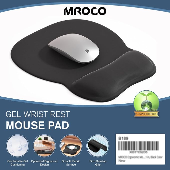 MROCO Ergonomic Mouse Pad with Gel Wrist Rest, 9.4 x 8.1 in, Black | Ergonomic Shape Design for Pain Relief, Cooling Feel Gel Cushioning for Wrist Comfort, Smooth Lycra Surface, Non-Slip PU Base
