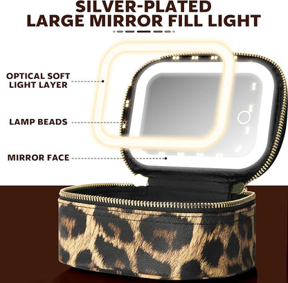 Extrei Gent Small Makeup Bag Travel Train Case with Mirror and Light Mini Travel Makeup Train Case Cosmetic Organizer 3 Adjustable Brightness Toiletry Bag Portable Artist Storage (Leopard Print)