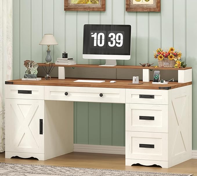 Farmhouse Executive Desk with Drawers & Storage Shelves, 55" Computer Desk with Power Outlets, Home Office Desk with Monitor Stand & File Drawers, Writing Study Table, Antique White