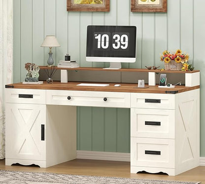 Farmhouse Executive Desk with Drawers & Storage Shelves, 55" Computer Desk with Power Outlets, Home Office Desk with Monitor Stand & File Drawers, Writing Study Table, Antique White