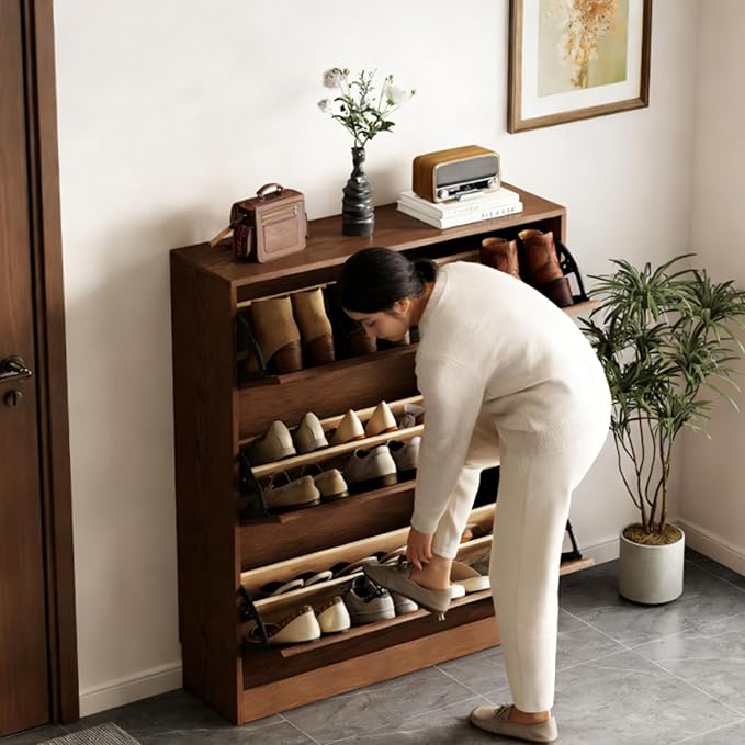 KungFuWood Soild Wood Shoe Storage Cabinet with 3 Flip Drawers for Entryway,Narrow Shoe Rack Cabinet with Adjustable Shelves 38 W, Morden Hidden Shoe Closet Wooden