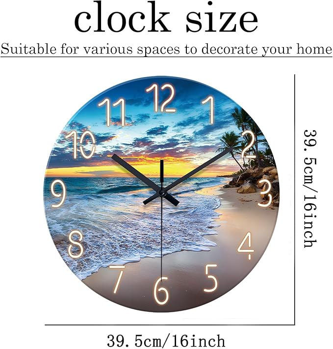 Glass Beach Wall Clocks Battery Operated 16 Inches or Larger Analog Wall Clock Silent Non Ticking Blue Wall Clock for Living Room