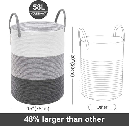 YOUDENOVA Woven Rope Laundry Hamper Basket, 58L Tall Luandry Basket, Baby Nursery Hamper for Blanket Storage, Clothes Hampers for Laundry in Bedroom
