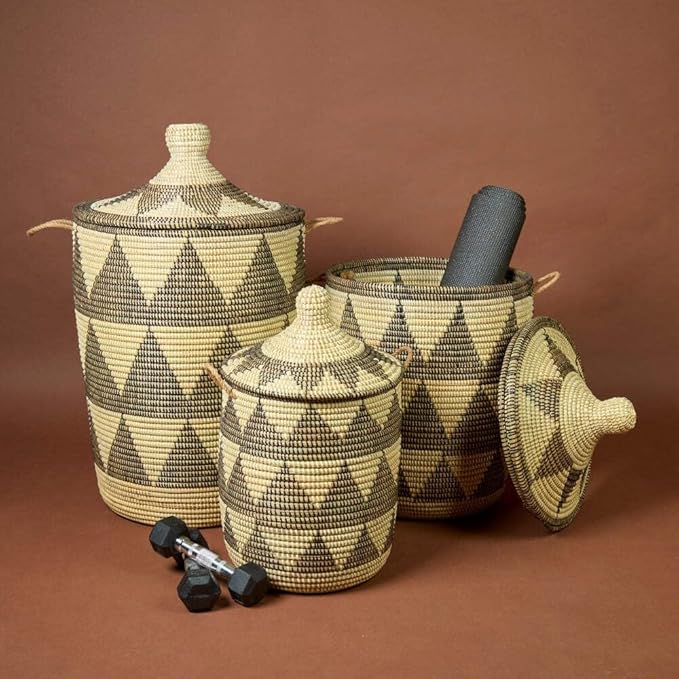 Laundry Basket - Tall and Large Set, Black Beige | Blanket Basket - Living Room, Clothes Hamper - Bed Room, Toys Bin - Nursery | Round, Sturdy, Aesthetic, Hood, Handles, Wicker, Hand Woven, Senegal