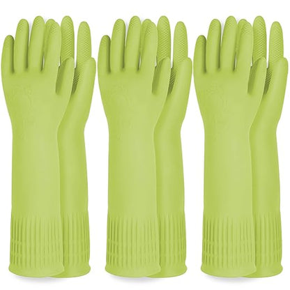 DABOGOSA Reusable Waterproof Household Dishwashing Cleaning Rubber Gloves, Non-Slip Kitchen Glove (Green, Large (Pack of 3))