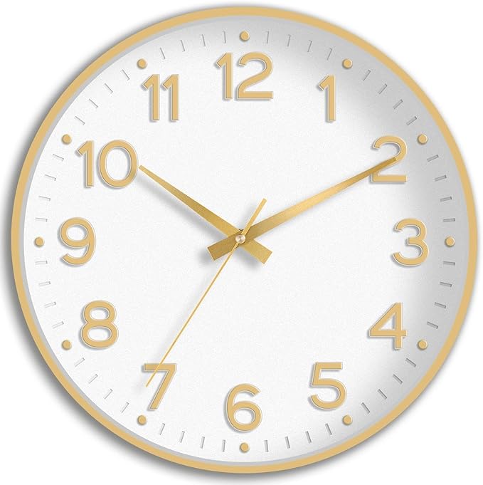 Roymnie Wall Clock 12 Inch Silent Wall Clocks Battery Operated-Modern Non Ticking Analog Clock Decorative for Kitchen Bedroom Office (White Gold)