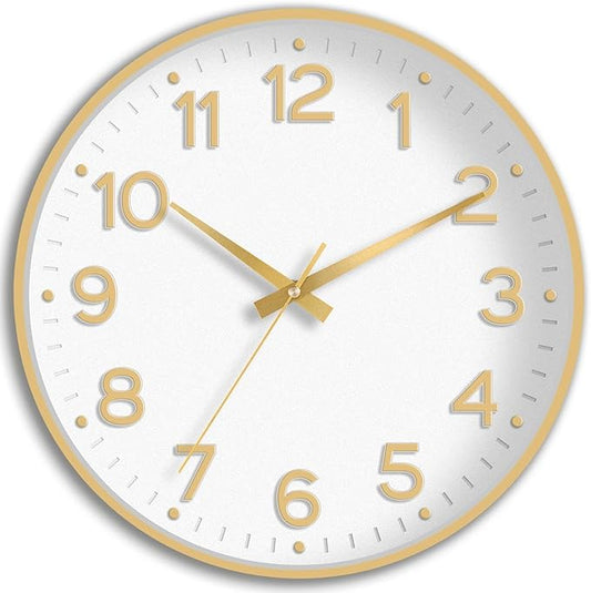 Roymnie Wall Clock 12 Inch Silent Wall Clocks Battery Operated-Modern Non Ticking Analog Clock Decorative for Kitchen Bedroom Office (White Gold)