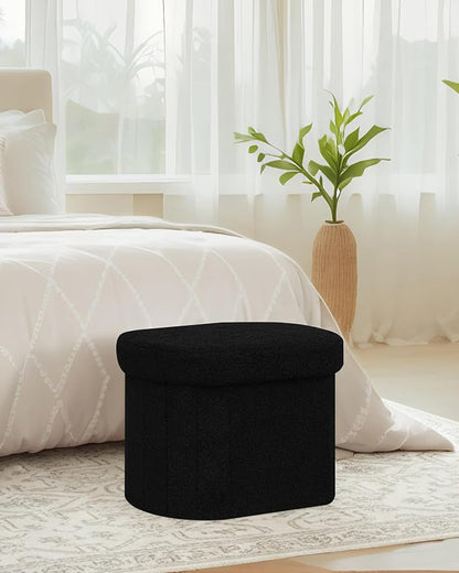 B FSOBEIIALEO Storage Ottoman for Dorm Room, Boucle Folding Storage Ottoman Foot Rest, 16.14 Inches Small Collapsible Ottoman Cube for Living Room Black
