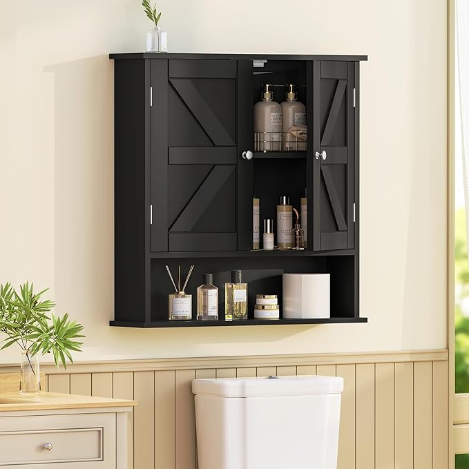TEENFON Bathroom Wall Cabinet, Bathroom Cabinet with Barn Doors & Adjustable Shelf, Over The Toilet Storage Cabinet, Medicine Cabinet, Black UNGGX001HV1