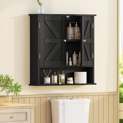 TEENFON Bathroom Wall Cabinet, Bathroom Cabinet with Barn Doors & Adjustable Shelf, Over The Toilet Storage Cabinet, Medicine Cabinet, Black UNGGX001HV1