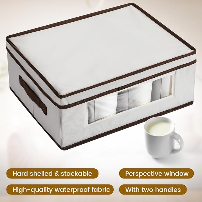 Uiifan 4 Pcs Mug Storage Box with Dividers 12 Compartment Stemware Storage Cases China Container Box with Lid, Handles, PVC Window for Moving, Beige