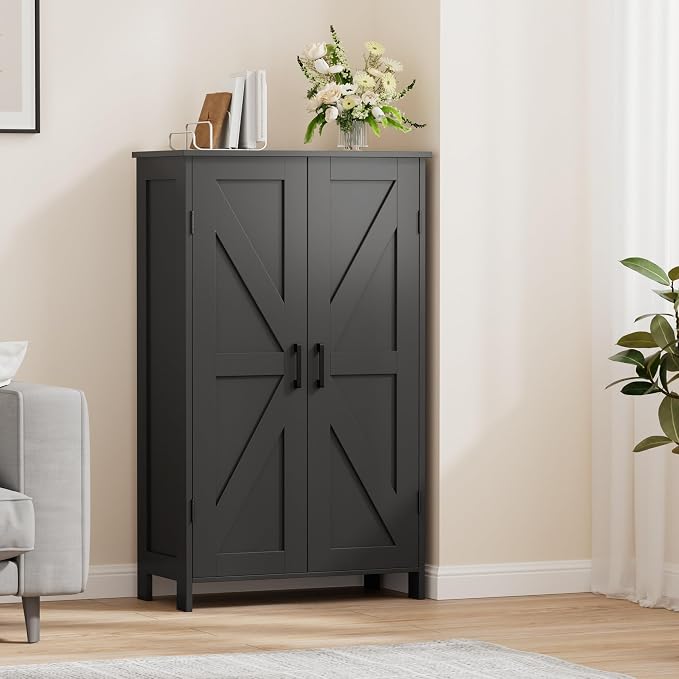 Homleke Farmhouse Bathroom Cabinet with Adjustable Shelves, Free-Standing Storage Cabinet with Barn Doors, for Kitchen, Living Room, Dining Room, Entryway, Black