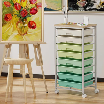Rolling Storage Cart with 8 Drawers & Wooden Tabletop, Utility Cart On Wheels for Craft Storage, Home, School, Bedroom, Living Room, Dorm, Office, Classroom Storage Organizer Cart, Green, White