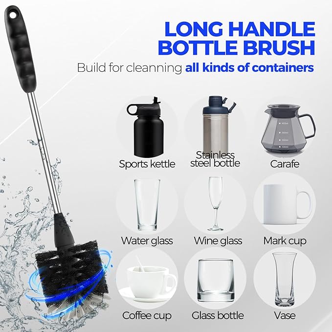 Holikme 6 Pack Bottle Brush Set, 14" Long Handle Stainless Steel Bottle Cleaner Brush, 3 Straw Brushes, 4-in-1 Bottle Cleaning Brush for Water Bottle, Antistatic Lab Brushes Straws, Black