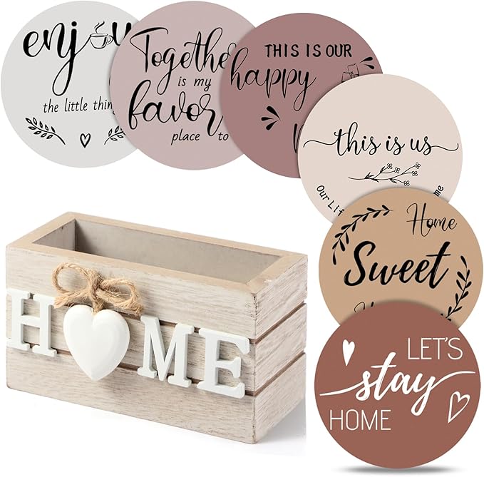 Queekay Coasters Set of 6 House Warming Gifts New Home Wooden Farmhouse Drink Coasters with Holder 4'' Funny Decoration for Kitchen Family Coffee Bar Tabletop Protection(Light Brown)