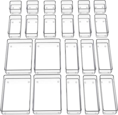 SMARTAKE 22-Piece Drawer Organizer with Non-Slip Silicone Pads, 4-Size Clear Desk Drawer Organizer Trays Storage Tray for Makeup, Jewelries, Utensils in Bedroom Dresser, Office and Kitchen, Clear