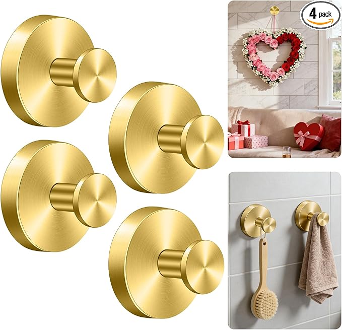Herda Suction Cup Hooks Heavy Duty Wreath Hangers for Front Door, Stainless Steel Suction Cup Hooks for Shower, Glass, Windows, Walls Waterproof Drill-Free Towel Hooks, Holds Up to 15 Lbs-4 Pack, Gold