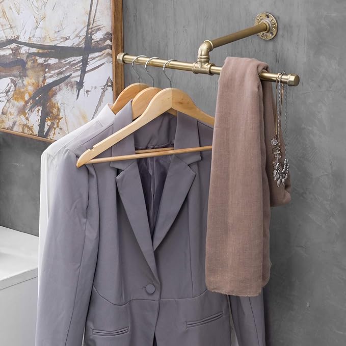 MyGift 20-inch Industrial Brass-Tone Metal Pipe Wall Mounted T-Bar Hanging Clothing Rack
