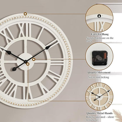 RiteSune 24 Inch Large Farmhouse Wall Clock, Rustic Wall Clock Decor, Wooden, Non-Ticking, Easy to Hang for Living Room, Bedroom, Kitchen