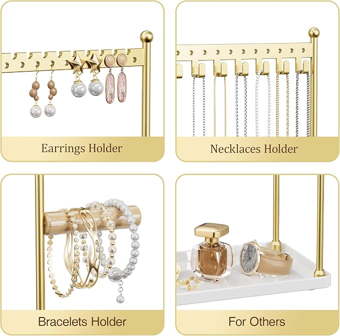 3 Tier Gold Jewelry Stand, Necklace Organizer, Earring Holder with 44 Holes and 9 Hooks, for Necklaces, Bracelets, Rings