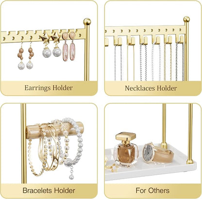 3 Tier Gold Jewelry Stand, Necklace Organizer, Earring Holder with 44 Holes and 9 Hooks, for Necklaces, Bracelets, Rings