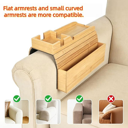 Bamboo Foldable Sofa Armrest Tray with Storage, Anti-Slip Cup Holder & Coaster, Splash-Proof Remote Caddy for Snacks and Phones.Fits 4-6 Inch Flat and Mini Curved Sofa Armrest for Home Living Room