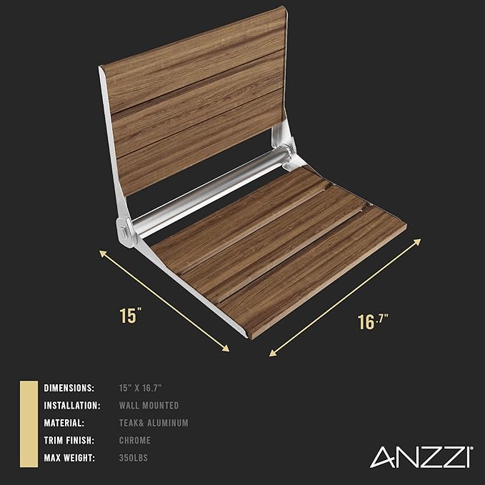 ANZZI Wall Mount Fold Teak Shower Bench | Saxon 18.7 in x 12.4 in Bathroom Accessories Folding Teakwood Shower Seat for Inside Shower for Bathtub | Spa Foldable Wooden Bath Chair for Seniors