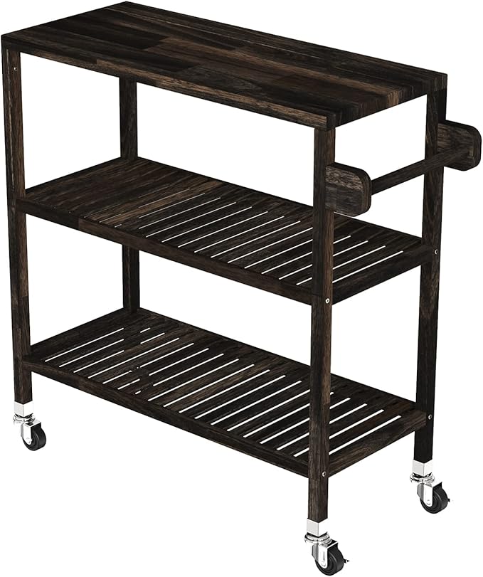 Interbuild 3 Tier Acacia Hardwood Kitchen Cart, Portable Rolling Trolley Cart Kitchen Storage Utility Cart with Towel Rack (Espresso)