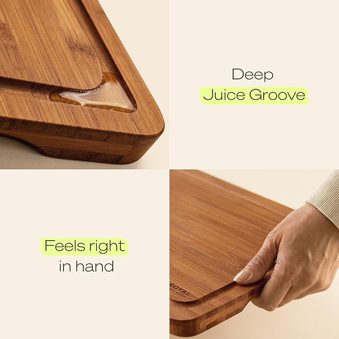 ROYAL CRAFT WOOD Wooden Cutting Boards for Kitchen Meal Prep & Serving - Bamboo Non Toxic Cutting Board Set with Deep Juice Groove Side Handles - Charcuterie & Chopping Butcher Block for Meat (4 Pcs)