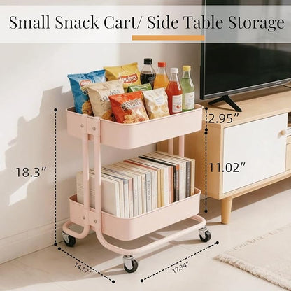 2 Tier Rolling Cart with Wheels for Under Desk Storage, Pink Small Rolling Pantry Storage Cart for Small Space, Metal Short Utility Shelf for Vanity Kitchen Bathrrom Laundry Organization