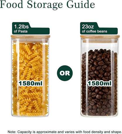 LIBWYS Kitchen Glass Jars Set with Bamboo Lids for Storage (1pcs - 1.67Qt) - Stackable Square Food Jars for Pantry Organization, Coffee, Flour, Snacks, Tea | Kitchen Canisters Set