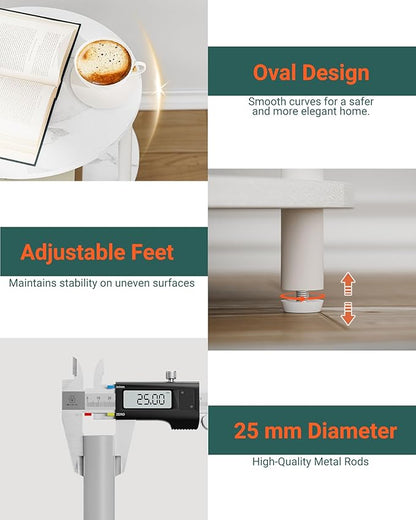 Small Round Side Table - 3-Tier Oval Accent Table for Small Spaces, Rustic Wood and Metal Nightstand for Living Room or Bedroom, with Built-in USB Ports and Power Outlet, Marble White
