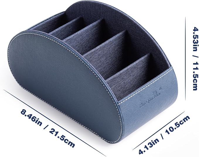 Remote Control Holders Organizer Box with 5 Compartment PU Leather Multi-functional Office Desk Storage Caddy Store Tv Remote for Media Player,Brush,Pencil,Glassees&Office Supplies (Dark Blue)