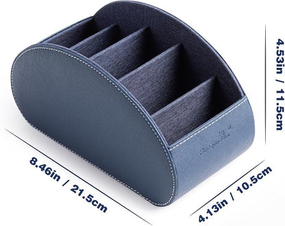 Remote Control Holders Organizer Box with 5 Compartment PU Leather Multi-functional Office Desk Storage Caddy Store Tv Remote for Media Player,Brush,Pencil,Glassees&Office Supplies (Dark Blue)