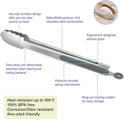 304 Stainless Steel Kitchen Cooking Tongs, 14" and 16" Set of 2 Sturdy Grilling Barbeque Brushed Locking Food Tongs with Ergonomic Grip, Grey