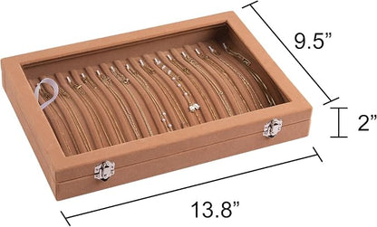 Frebeauty 15 Hooks Necklace Tray Velvet Neckalce Organizer with Clear Lid Lockable Necklace Holder Box Jewelry Organizer for Pendants Chains Necklace Jeweley Tray for Women Girl (Camel)