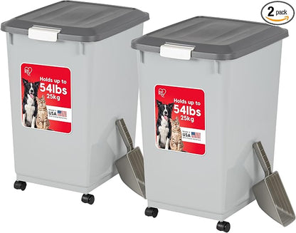 IRIS USA Dog Food Storage Container 54 lbs, 2-Pack with Wheels, Airtight Lid, 2-Cup Scoop, Double Pet Food Storage, Built in Scoop Storage in Lid, Versatile Pet Food Bin, Portable, Gray/Dark Gray