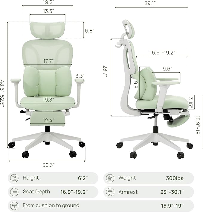CabLady S1 Petite Ergonomic Office Chair Design with Detachable Pillow Lumbar Cushion, Coat Hanger, 2D Headrest & PU Armrests, Cloud Seat & Footrest Cute Desk Chair for Women Girls