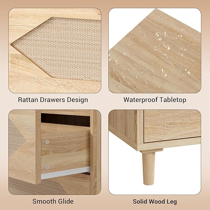 GAOMON 3 Drawer Dresser for Bedroom, 31.5 Inch Wide Rattan Modern Closet Dressers Chest of Drawers, Wood Oak Storage Chest for Kids Bedroom, Hallway, Living Room, Hallway, Natural