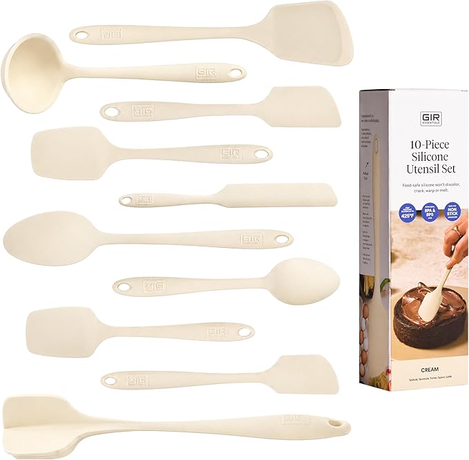 GIR: Get It Right 10-Piece Silicone Essentials Kitchen utensils set - Ladle, Spatula, Flip, Spoon & Spoonula - Non toxic cooking utensils for Nonstick Cookware, Cooking and Baking - Cream